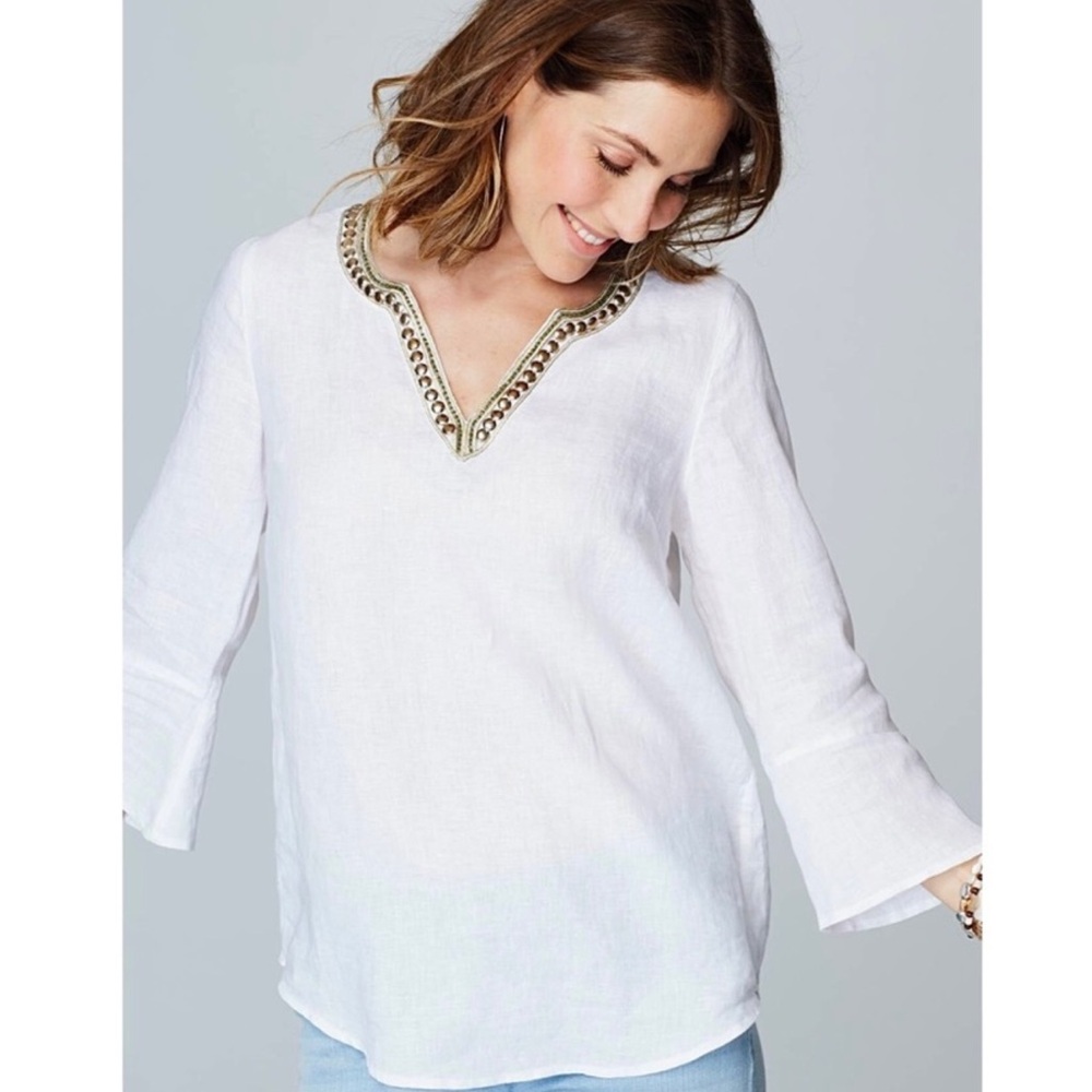 NWT J. Jill White Linen Beaded Neckline Top XSP